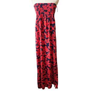 Gap Women's Whimsical Floral Print Smocked Strapless Maxi Dress Size XL Red Navy